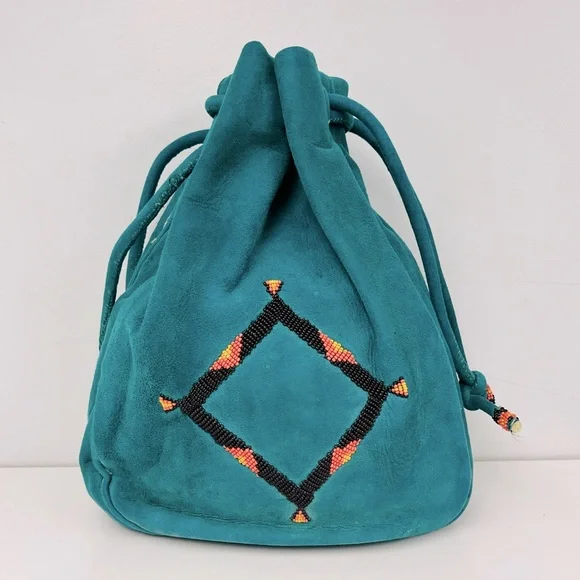 ❌SOLD❌ 🌼MARKDOWN🌼 Teal Faux Suede with Bead Work Design Drawstring Bag - Picture 11 of 12